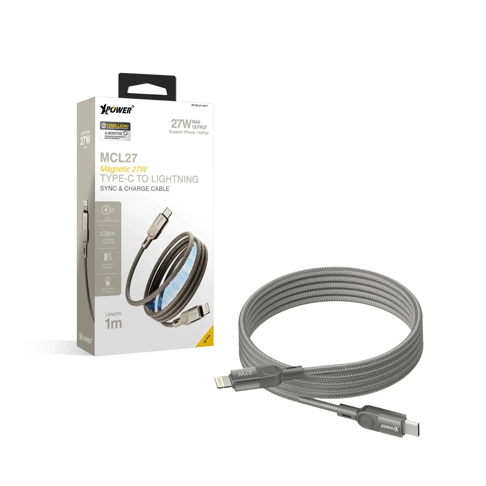 Xpower 27W Type-C To Lightning Magnetic 1M Cable - Titanium - Tashqila Xpower 27W Type-C To Lightning Magnetic 1M Cable - Titanium - Tashqila